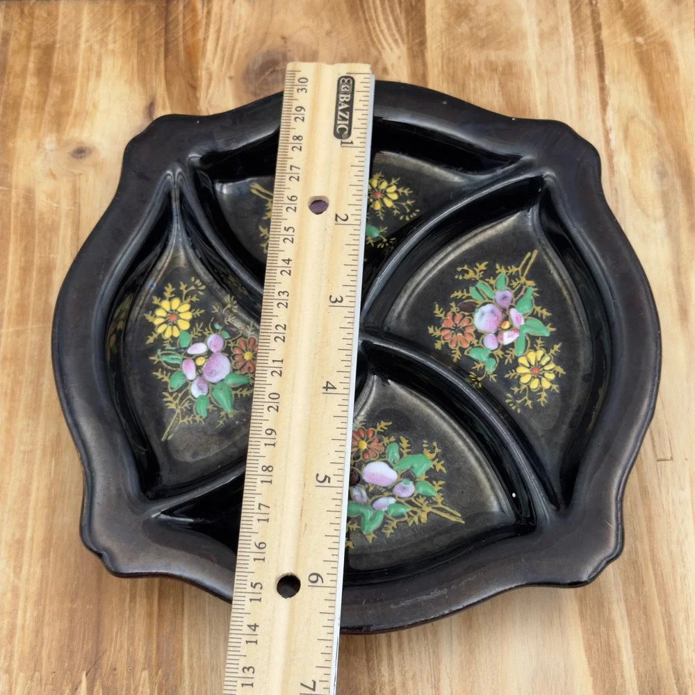 Vtg Japanese Pottery Black Floral Divided Serving Trinket Dish  Square Scalloped